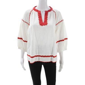Rose And Rose Womens Tunic Blouse V-Neck 3/4 Sleeve Cotton White Size L